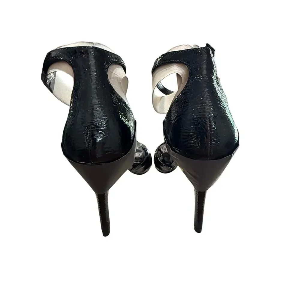 Marc Fisher Women’s Brodie Bow Ankle Strap Pumps Black Glossy Open Toe Heels 8M